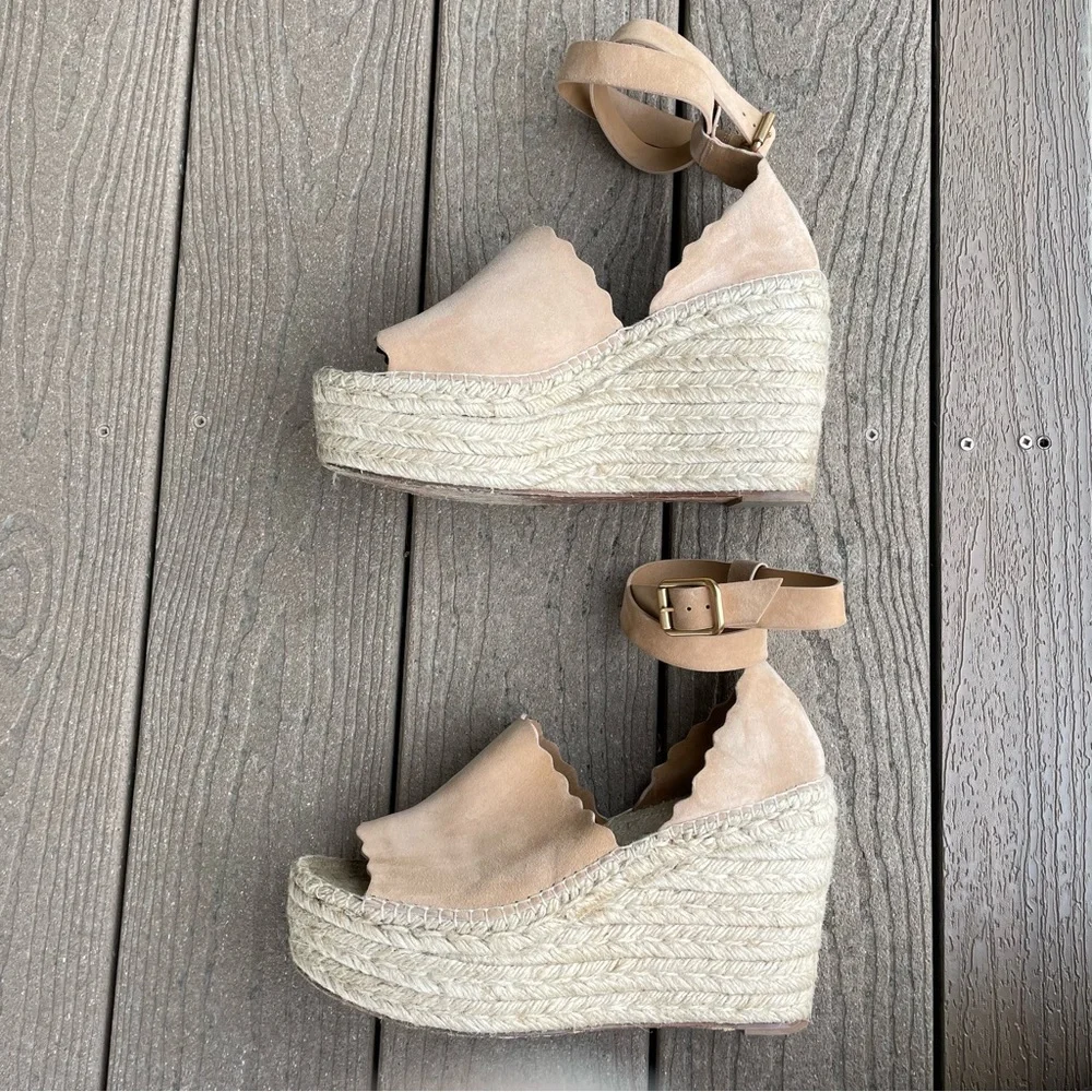 Chloe Beige Tan Suede Espadrille Wedge Sandals